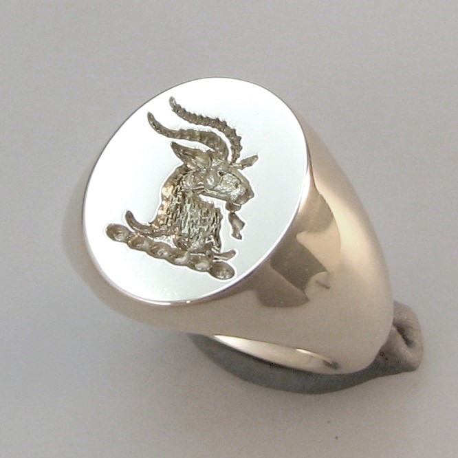 Goat's head crest engraved signet ring